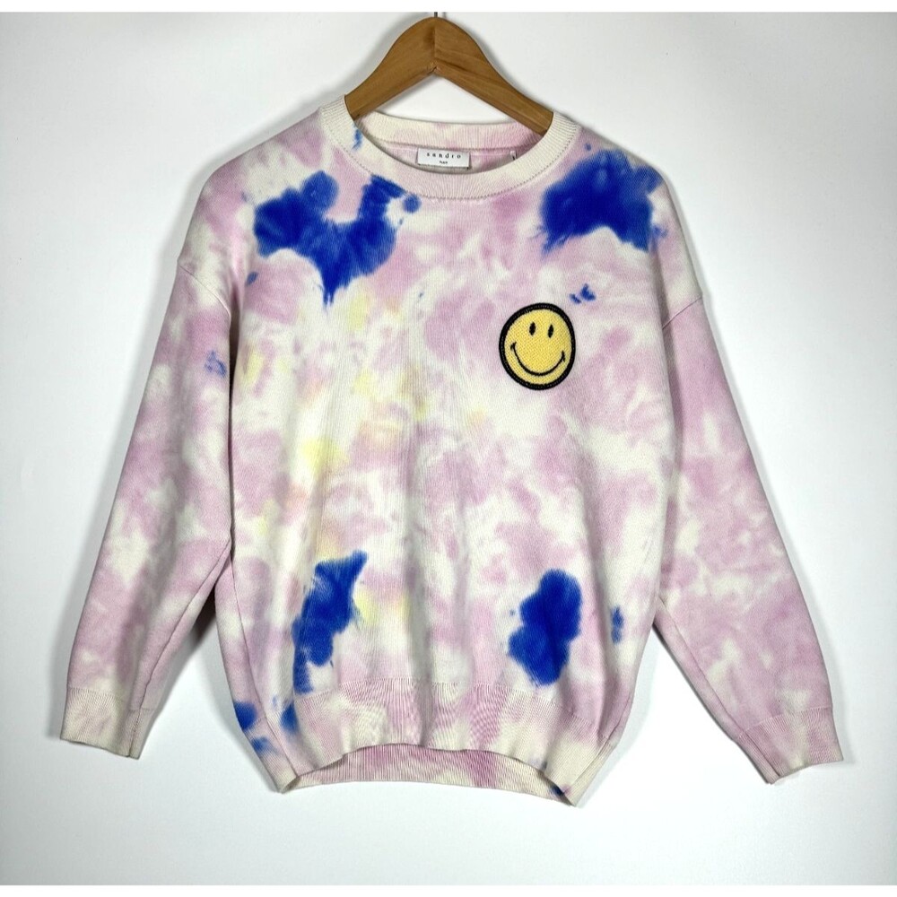 Sandro Paris x Smiley Originals Sweater Womens Small Pink Blue Dayey Tie Dye